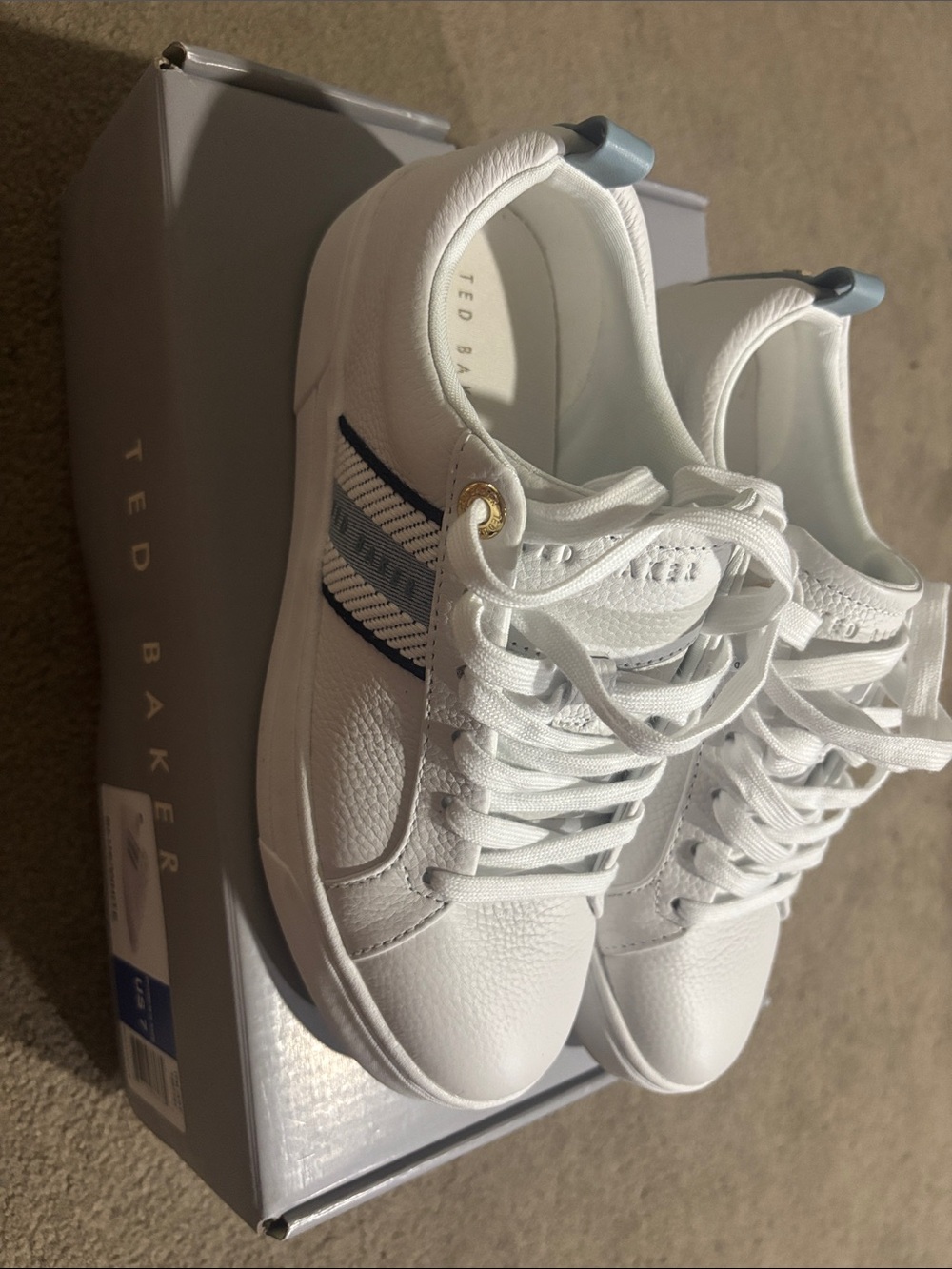 Ted Baker White Leather Sneakers with Navy and Light Blue Stripes